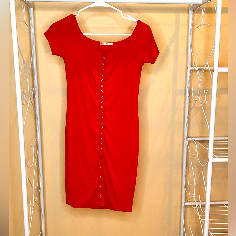 Size Medium Cotton Red Dress with Snap/Button Detail. Super comfortable!